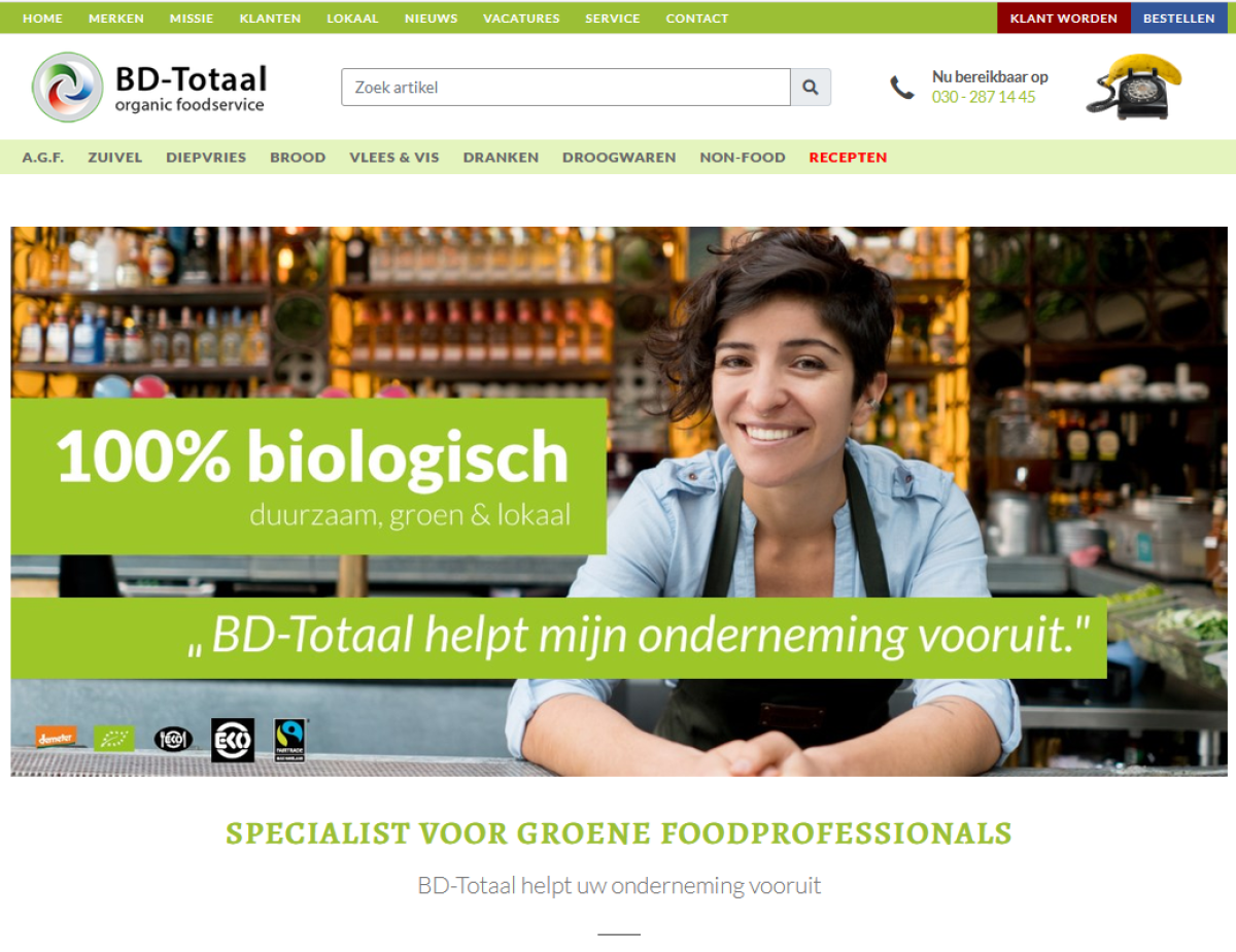 Homepage van BD-Totaal, groothandel in biologische foodservice, met productcategorieën en een directe bestelknop